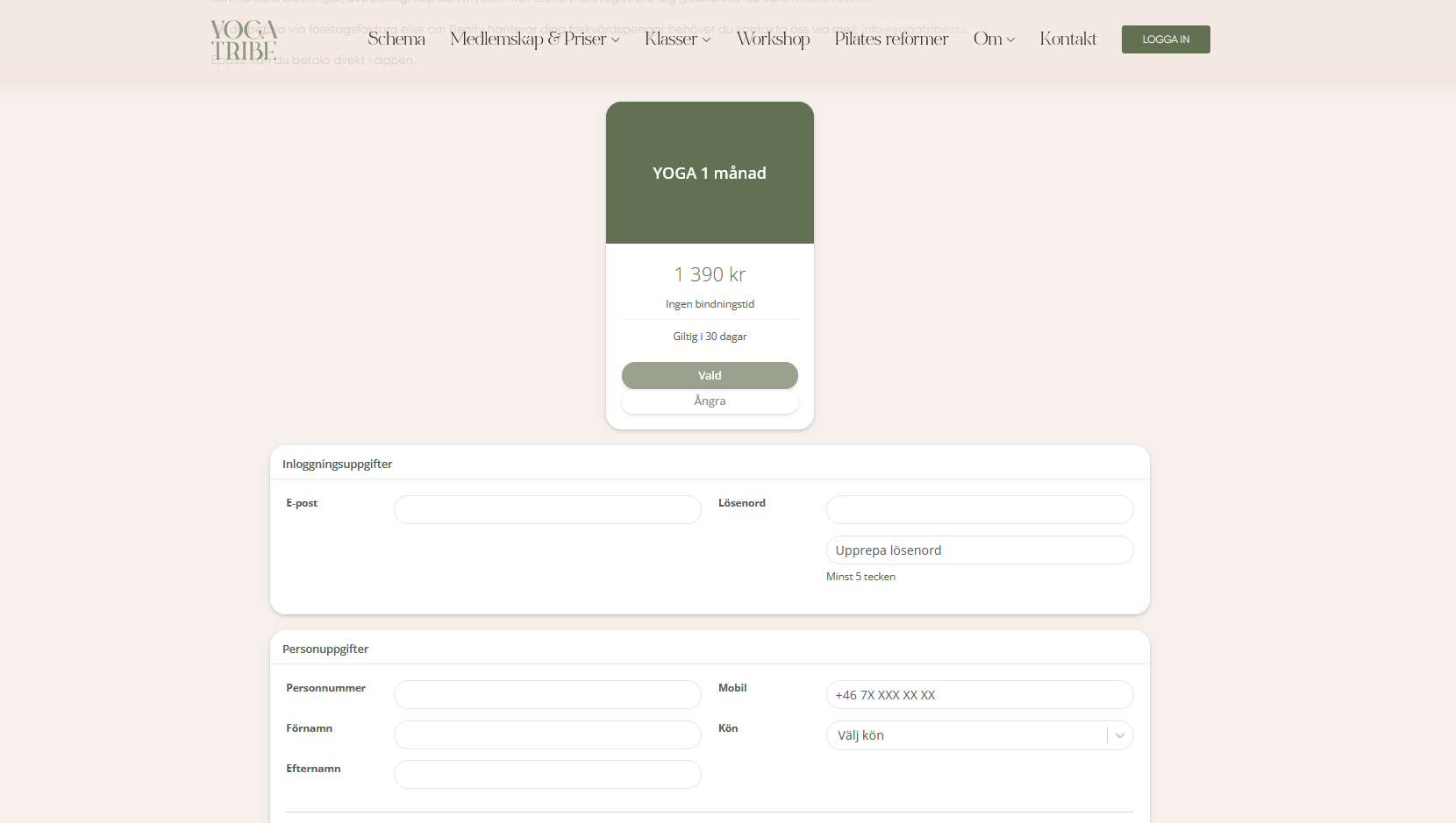 Boka din klass genom att klicka på 'Boka' bredvid den klass du vill gå på.